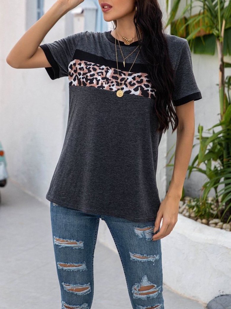 Women's Leopard Print Patchwork T-shirt - T-Shirts - INS | Online Fashion Free Shipping Clothing, Dresses, Tops, Shoes - 2XL - Black - Blue