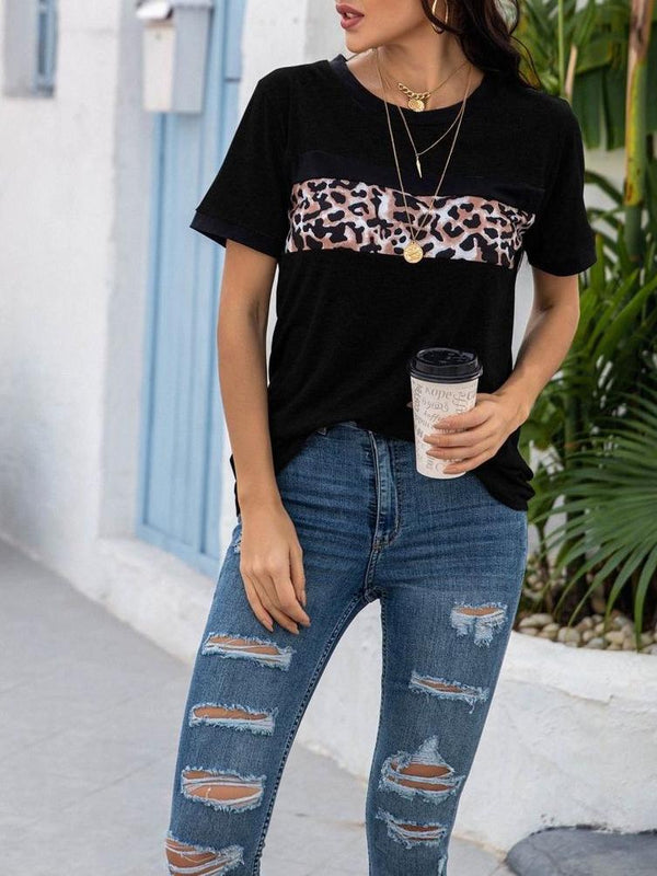 Women's Leopard Print Patchwork T-shirt - T-Shirts - INS | Online Fashion Free Shipping Clothing, Dresses, Tops, Shoes - 2XL - Black - Blue