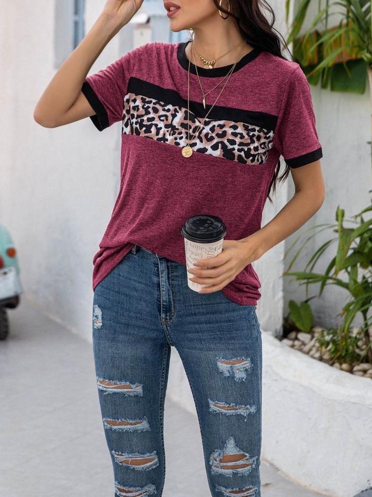 Women's Leopard Print Patchwork T-shirt - T-Shirts - INS | Online Fashion Free Shipping Clothing, Dresses, Tops, Shoes - 2XL - Black - Blue