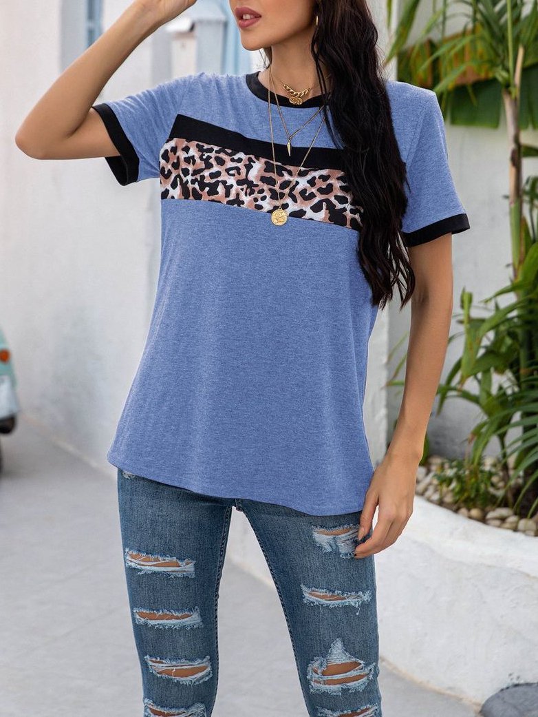 Women's Leopard Print Patchwork T-shirt - T-Shirts - INS | Online Fashion Free Shipping Clothing, Dresses, Tops, Shoes - 2XL - Black - Blue