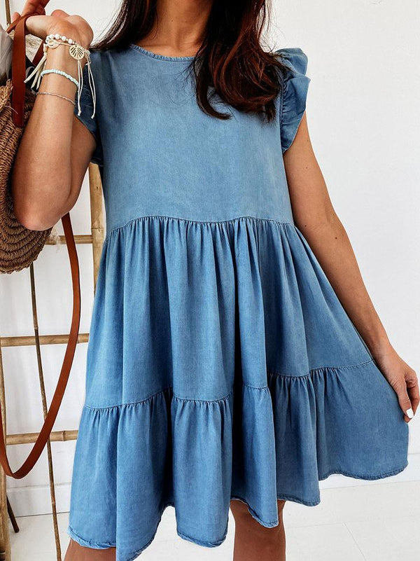 Women's O Neck Ruffle Sleeveless Tiered Casual Denim Jean Dress - Mini Dresses - INS | Online Fashion Free Shipping Clothing, Dresses, Tops, Shoes - 10/05/2021 - 1005V3 - Color_Blue