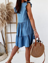 Women's O Neck Ruffle Sleeveless Tiered Casual Denim Jean Dress - Mini Dresses - INS | Online Fashion Free Shipping Clothing, Dresses, Tops, Shoes - 10/05/2021 - 1005V3 - Color_Blue