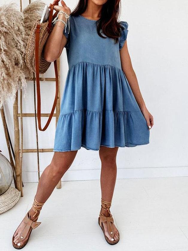 Women's O Neck Ruffle Sleeveless Tiered Casual Denim Jean Dress - Mini Dresses - INS | Online Fashion Free Shipping Clothing, Dresses, Tops, Shoes - 10/05/2021 - 1005V3 - Color_Blue