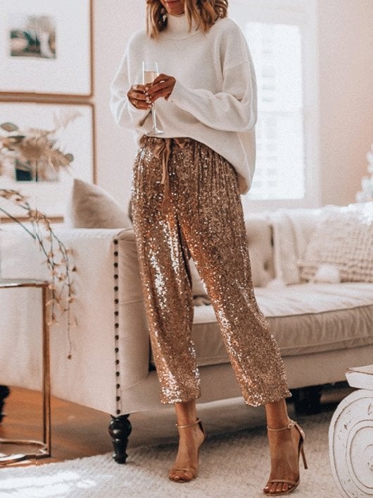 Women's Pants Sequined Drawstring High Waisted Leggings Slacks - Pants - INS | Online Fashion Free Shipping Clothing, Dresses, Tops, Shoes - 29/10/2021 - 30-40 - Bottoms