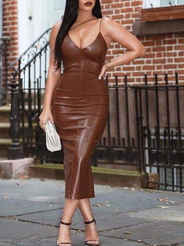 Women's PU Leather Midi Dress - Dresses - INS | Online Fashion Free Shipping Clothing, Dresses, Tops, Shoes - dress - Outfit -