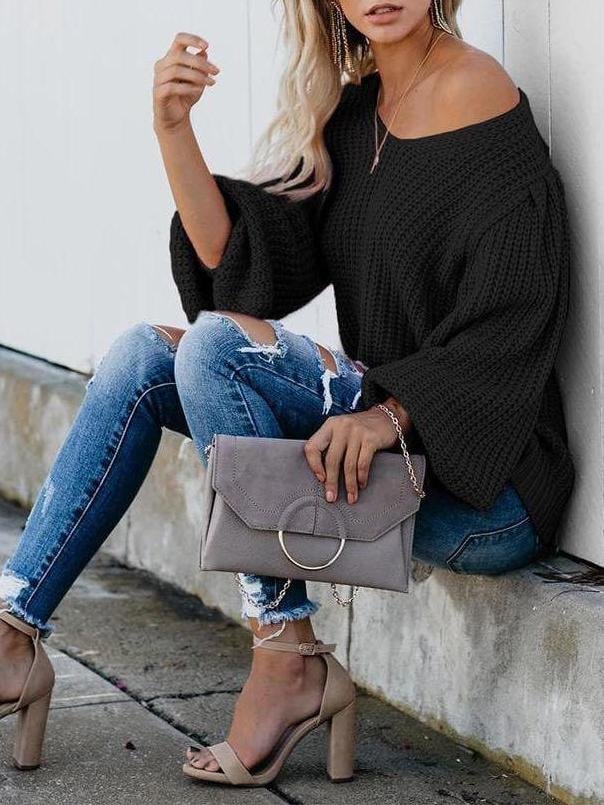 Women's puff sleeve knit sweater - Sweaters - INS | Online Fashion Free Shipping Clothing, Dresses, Tops, Shoes - Sweaters - -