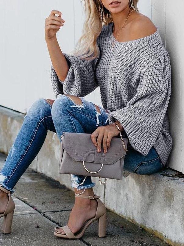 Women's puff sleeve knit sweater - Sweaters - INS | Online Fashion Free Shipping Clothing, Dresses, Tops, Shoes - Sweaters - -