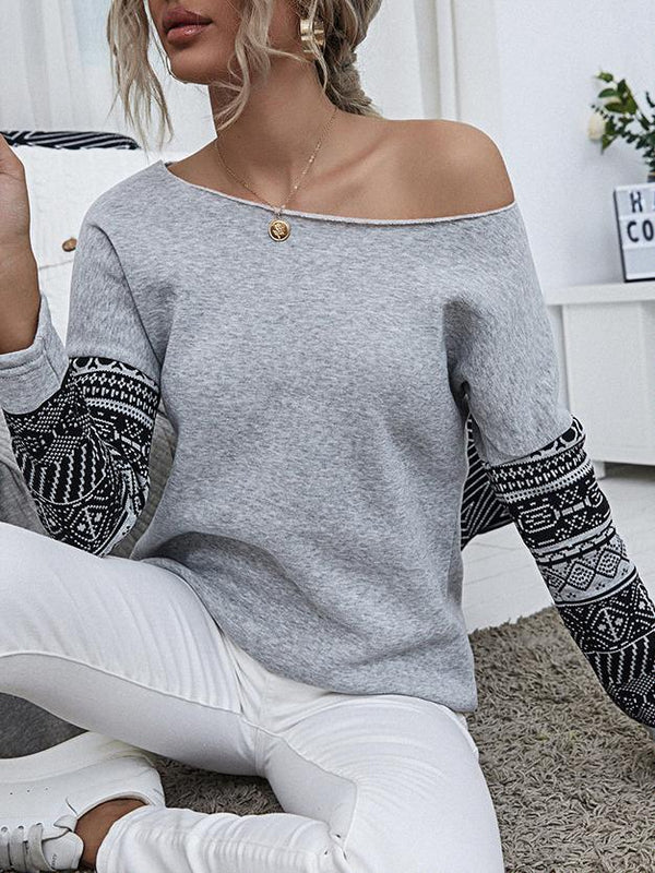 Women's Pullover Long Sleeve Off-shoulder Print T-shirts - T-shirts - INS | Online Fashion Free Shipping Clothing, Dresses, Tops, Shoes - 10-20 - 22/07/2021 - color-gray