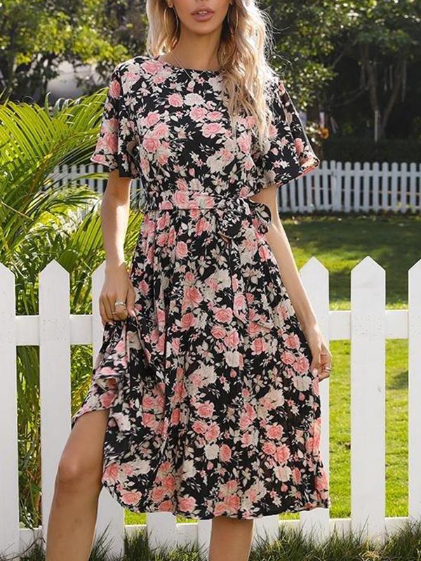 Women's Ruffle Short Sleeve Floral Dress