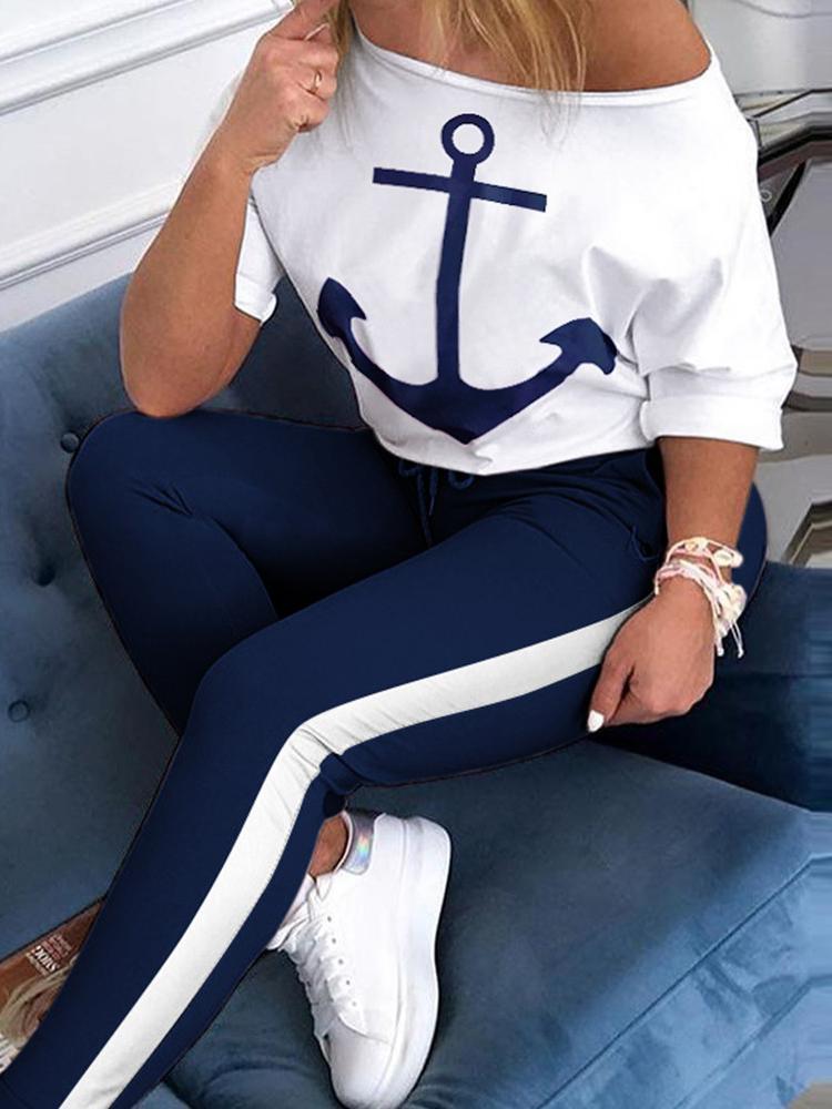 Women's Sets Anchor Print Long Sleeve T-Shirt & Trousers Two-Piece Suit - Sets - INS | Online Fashion Free Shipping Clothing, Dresses, Tops, Shoes - 18/10/2021 - 30-40 - Bottom
