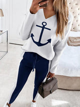 Women's Sets Anchor Print V-Neck Long Sleeve T-Shirt & Trousers Two-Piece Suit - Sets - INS | Online Fashion Free Shipping Clothing, Dresses, Tops, Shoes - 04/09/2021 - 20-30 - Bottom