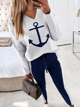 Women's Sets Anchor Print V-Neck Long Sleeve T-Shirt & Trousers Two-Piece Suit - Sets - INS | Online Fashion Free Shipping Clothing, Dresses, Tops, Shoes - 04/09/2021 - 20-30 - Bottom