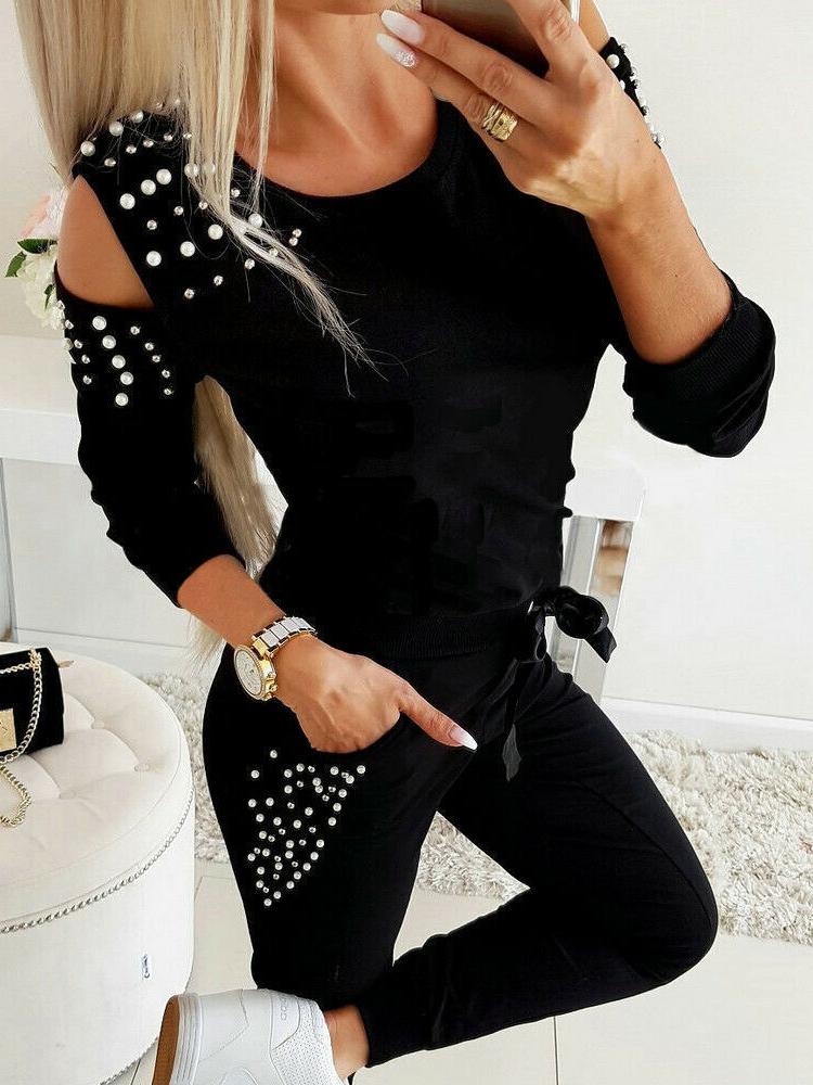Women's Sets Beaded Round Neck Strapless Long Sleeve Trousers Two-Piece Suit - Sets - INS | Online Fashion Free Shipping Clothing, Dresses, Tops, Shoes - 30/09/2021 - Bottom - Color_Black
