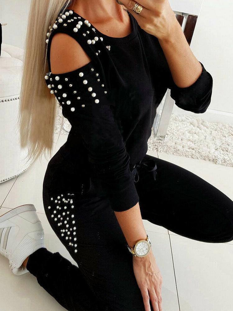 Women's Sets Beaded Round Neck Strapless Long Sleeve Trousers Two-Piece Suit - Sets - INS | Online Fashion Free Shipping Clothing, Dresses, Tops, Shoes - 30/09/2021 - Bottom - Color_Black