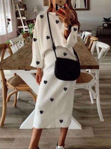 Women's Sets Black Heart Print Round Neck Long Sleeve & Temperament Skirt Two Piece Set - Sets - INS | Online Fashion Free Shipping Clothing, Dresses, Tops, Shoes - 17/09/2021 - Bottom - Category_Sets