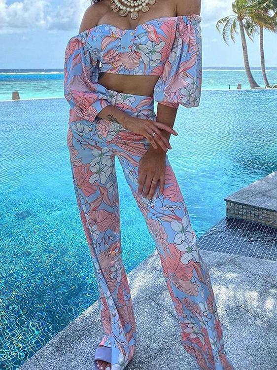 Women's Sets Boat Neck Crop Top & Printed Trousers Two-Piece Suit - Sets - INS | Online Fashion Free Shipping Clothing, Dresses, Tops, Shoes - 05/11/2021 - 30-40 - Bottoms