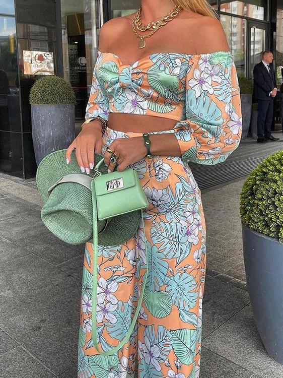 Women's Sets Boat Neck Crop Top & Printed Trousers Two-Piece Suit - Sets - INS | Online Fashion Free Shipping Clothing, Dresses, Tops, Shoes - 05/11/2021 - 30-40 - Bottoms