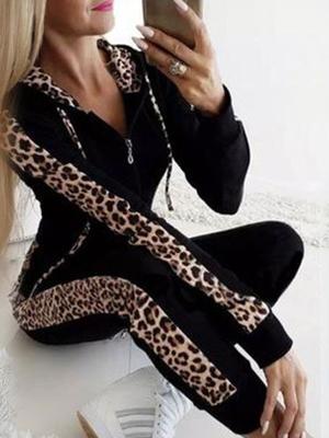 Women's Sets Casual Leopard Print Zipper Hooded Two-Piece Set - Sets - INS | Online Fashion Free Shipping Clothing, Dresses, Tops, Shoes - 19/10/2021 - Bottom - color-black