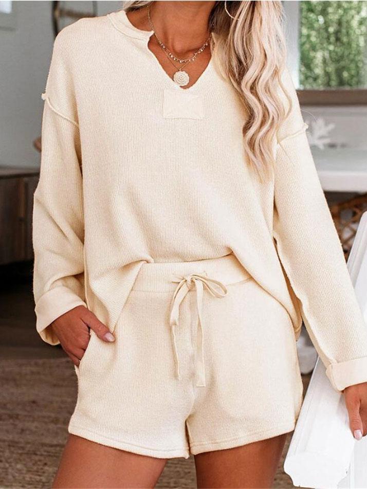 Women's Sets Casual V-Neck Long Sleeve Top & Shorts Two-Piece Suit - Sets - INS | Online Fashion Free Shipping Clothing, Dresses, Tops, Shoes - 08/11/2021 - 20-30 - Bottoms