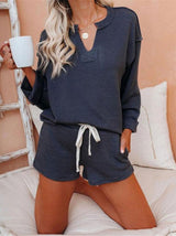 Women's Sets Casual V-Neck Long Sleeve Top & Shorts Two-Piece Suit - Sets - INS | Online Fashion Free Shipping Clothing, Dresses, Tops, Shoes - 08/11/2021 - 20-30 - Bottoms