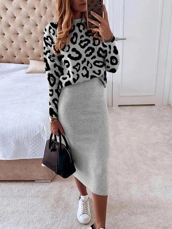 Women's Sets Leopard Print Long Sleeve Top & Skirt Two Piece Set - Sets - INS | Online Fashion Free Shipping Clothing, Dresses, Tops, Shoes - 25/10/2021 - 30-40 - Bottoms