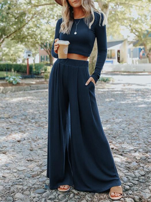 Women's Sets Long Sleeve Crop Top & Wide-Leg Pants Two-Piece Suit - Sets - INS | Online Fashion Free Shipping Clothing, Dresses, Tops, Shoes - 12/11/2021 - 40-50 - Bottoms