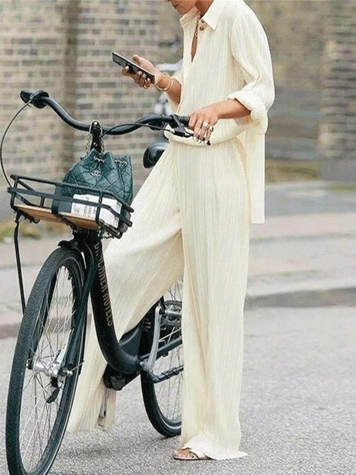 Women's Sets Long Sleeve Pleated Shirt & Wide-Leg Trousers Two-Piece Suit - Set - INS | Online Fashion Free Shipping Clothing, Dresses, Tops, Shoes - 28/09/2021 - Bottom - color-beige