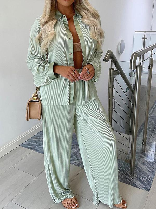 Women's Sets Long Sleeve Shirt & Wide-Leg Pants Two-Piece Suit - Sets - INS | Online Fashion Free Shipping Clothing, Dresses, Tops, Shoes - 22/11/2021 - 40-50 - Bottoms