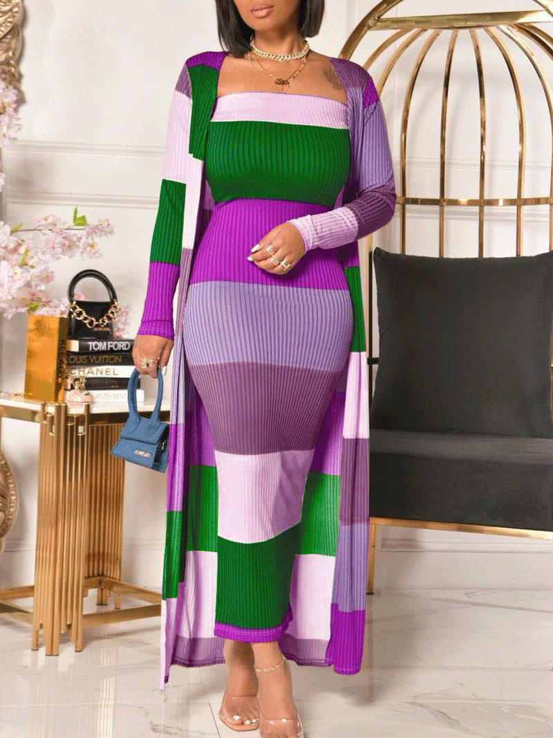 Women's Sets Multicolor Striped Dress & Coat Two-Piece Suit - Sets - INS | Online Fashion Free Shipping Clothing, Dresses, Tops, Shoes - 21/10/2021 - 40-50 - Bottom