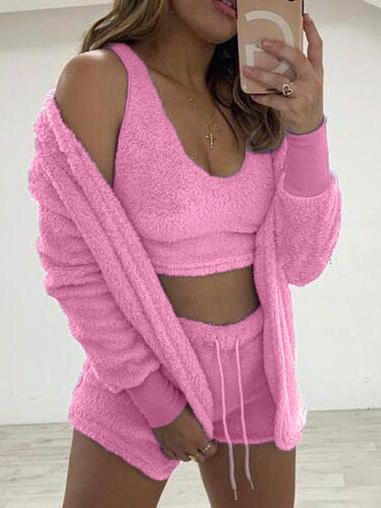 Women's Sets Plush Coat Vest Shorts Long Sleeve Three-Piece Suit - Sets - INS | Online Fashion Free Shipping Clothing, Dresses, Tops, Shoes - 12/11/2021 - 30-40 - Bottoms