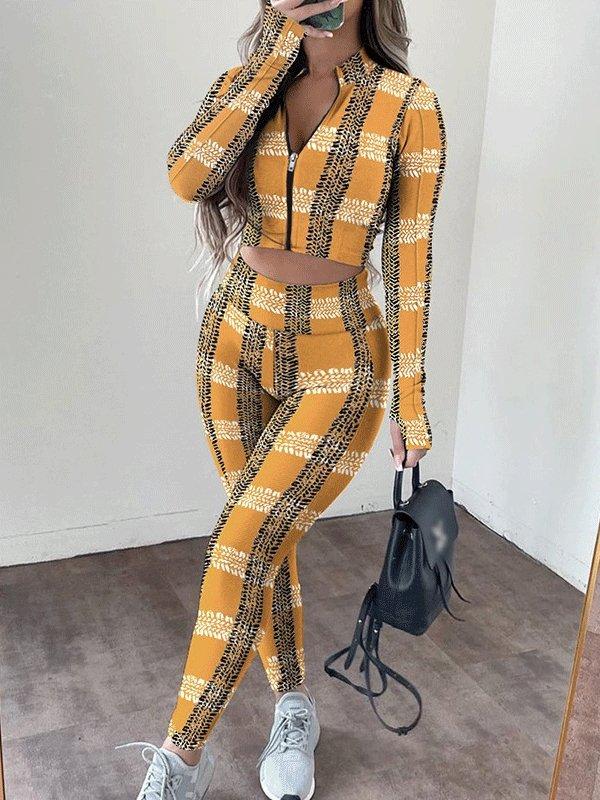 Women's Sets Printed Stand Collar Zipper Crop Top & High Waist Trousers Two-Piece Suit - Sets - INS | Online Fashion Free Shipping Clothing, Dresses, Tops, Shoes - 29/10/2021 - 40-50 - Bottoms