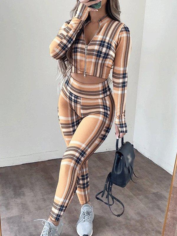 Women's Sets Printed Stand Collar Zipper Crop Top & High Waist Trousers Two-Piece Suit - Sets - INS | Online Fashion Free Shipping Clothing, Dresses, Tops, Shoes - 29/10/2021 - 40-50 - Bottoms