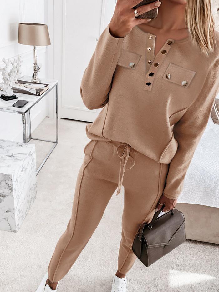 Women's Sets Round Neck Button Long Sleeve Top& Trousers Two-Piece Suit - Sets - INS | Online Fashion Free Shipping Clothing, Dresses, Tops, Shoes - 11/11/2021 - 40-50 - Bottoms