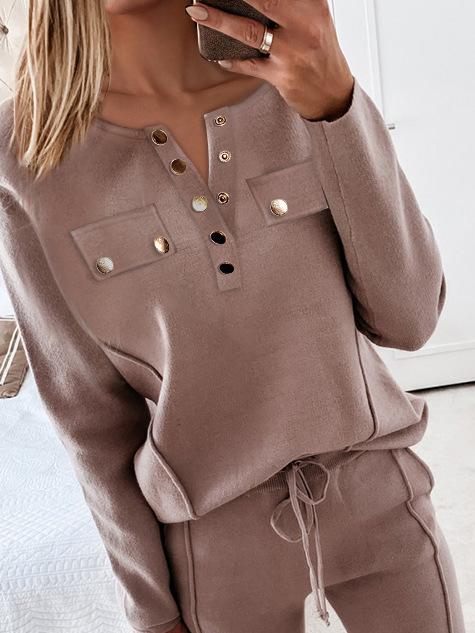 Women's Sets Round Neck Button Long Sleeve Top& Trousers Two-Piece Suit - Sets - INS | Online Fashion Free Shipping Clothing, Dresses, Tops, Shoes - 11/11/2021 - 40-50 - Bottoms