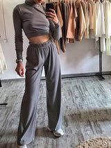 Women's Sets Slim Two-Piece Long Sleeve High-Neck Wide-Leg Pants - Set - INS | Online Fashion Free Shipping Clothing, Dresses, Tops, Shoes - 18/08/2021 - 20-30 - Bottom