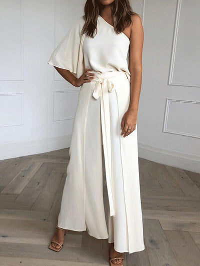 Women's Sets Sloping Shoulder Top & Belted Wide-Leg Pants Two-Piece Suit - Sets - INS | Online Fashion Free Shipping Clothing, Dresses, Tops, Shoes - 12/10/2021 - 40-50 - Bottom