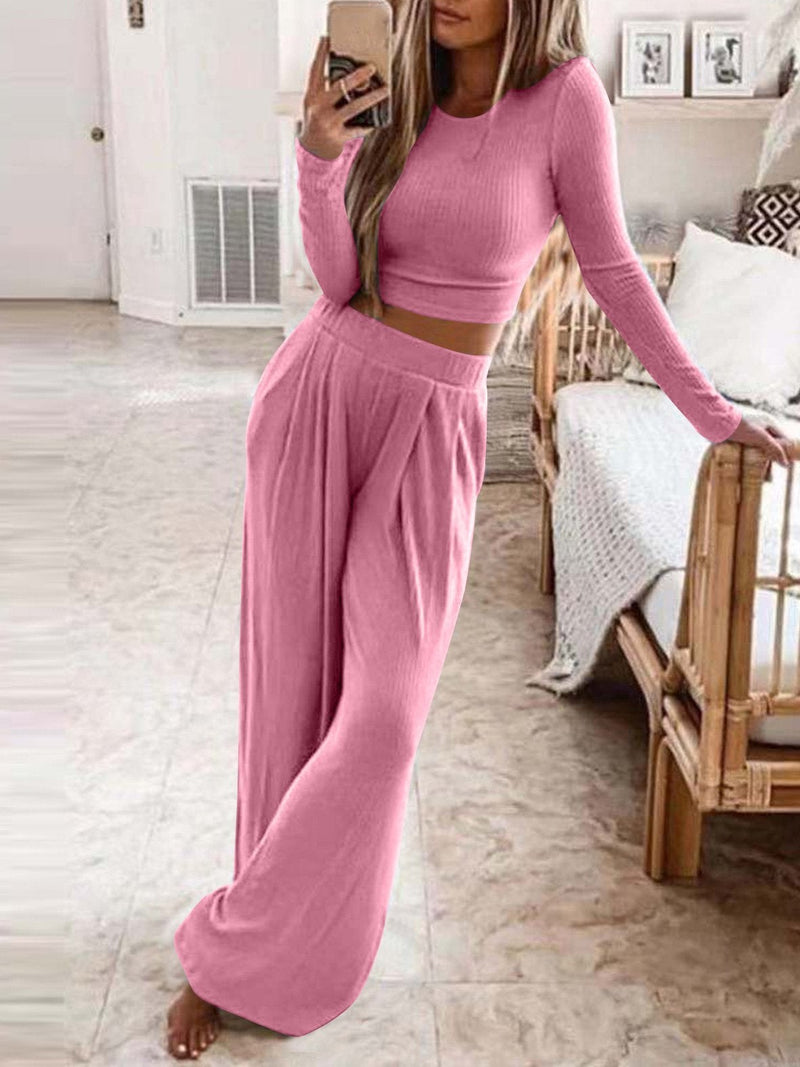 Women's Sets Solid Long Sleeve Crop Top & Trousers Two-Piece Suit - Sets - INS | Online Fashion Free Shipping Clothing, Dresses, Tops, Shoes - 23/09/2021 - 30-40 - Bottom
