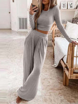 Women's Sets Solid Long Sleeve Crop Top & Trousers Two-Piece Suit - Sets - INS | Online Fashion Free Shipping Clothing, Dresses, Tops, Shoes - 23/09/2021 - 30-40 - Bottom