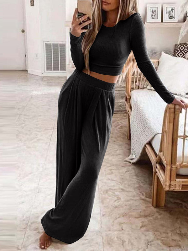 Women's Sets Solid Long Sleeve Crop Top & Trousers Two-Piece Suit - Sets - INS | Online Fashion Free Shipping Clothing, Dresses, Tops, Shoes - 23/09/2021 - 30-40 - Bottom