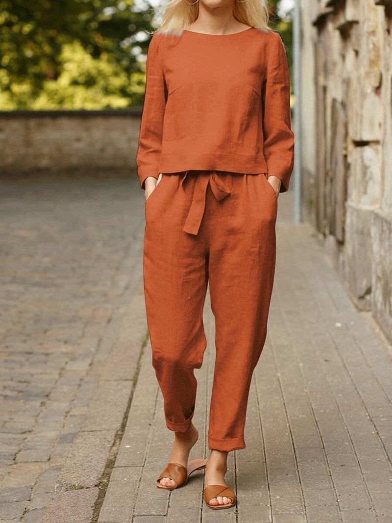 Women's Sets Solid Long Sleeve Top & Belted Pocket Trousers Two-Piece Suit - Sets - INS | Online Fashion Free Shipping Clothing, Dresses, Tops, Shoes - 20-30 - 29/10/2021 - Bottoms