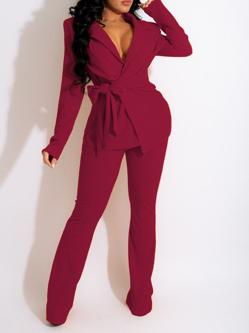 Women's Sets Solid V-Neck Belted Long Sleeve Trousers Two-Piece Suit - Sets - Instastyled | Online Fashion Free Shipping Clothing, Dresses, Tops, Shoes - 13/12/2021 - 40-50 - Bottoms