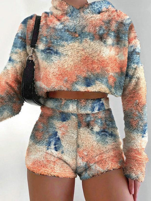 Women's Sets Tie-Dye Hoodie & Shorts Plush Two-Piece Suit - Sets - INS | Online Fashion Free Shipping Clothing, Dresses, Tops, Shoes - 17/11/2021 - 30-40 - Bottoms