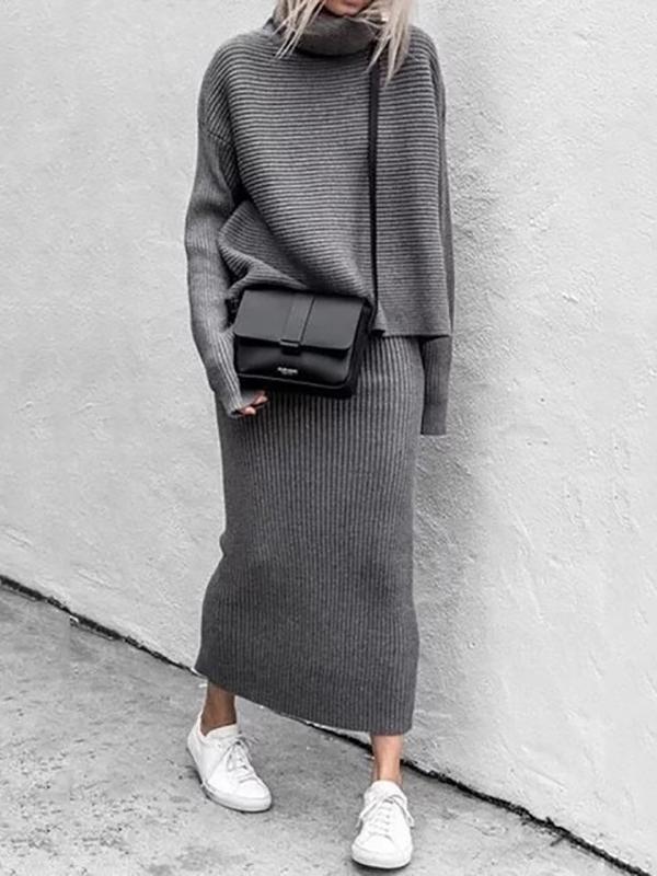 Women's Sets Turtleneck Long Sleeve Sweater & Knitted Skirt Two-Piece Suit - Sets - INS | Online Fashion Free Shipping Clothing, Dresses, Tops, Shoes - 15/10/2021 - Bottom - Color_Gray