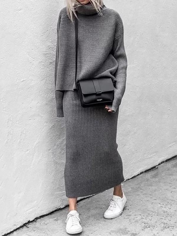 Women's Sets Turtleneck Long Sleeve Sweater & Knitted Skirt Two-Piece Suit - Sets - INS | Online Fashion Free Shipping Clothing, Dresses, Tops, Shoes - 15/10/2021 - Bottom - Color_Gray