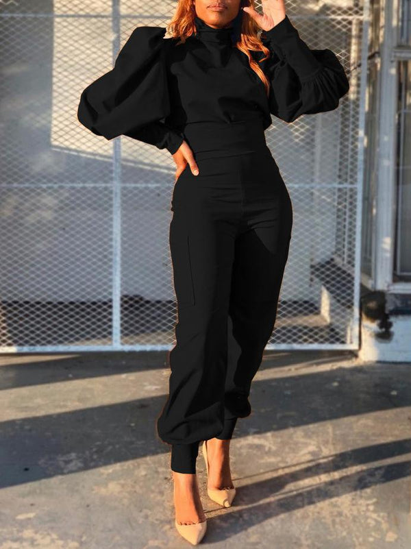 Women's Sets Turtleneck Pullover Puff Sleeve Top & High Waist Pants Two-Piece Set - Sets - INS | Online Fashion Free Shipping Clothing, Dresses, Tops, Shoes - 23/11/2021 - 40-50 - Bottoms