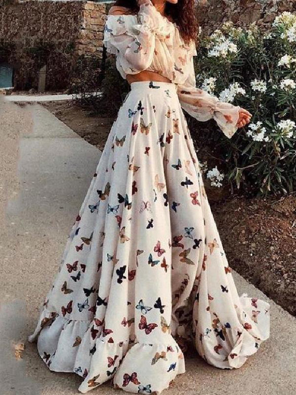 Women's Sets Two-Piece Butterfly Print Crop Top & Bohemian Skirt - Sets - INS | Online Fashion Free Shipping Clothing, Dresses, Tops, Shoes - 11/08/2021 - 40-50 - Bottom