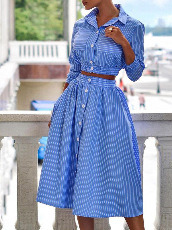 Women's Sets Two-Piece Long Sleeve Striped Crop Shirt & Skirt - Sets - INS | Online Fashion Free Shipping Clothing, Dresses, Tops, Shoes - 24/09/2021 - 40-50 - Bottom