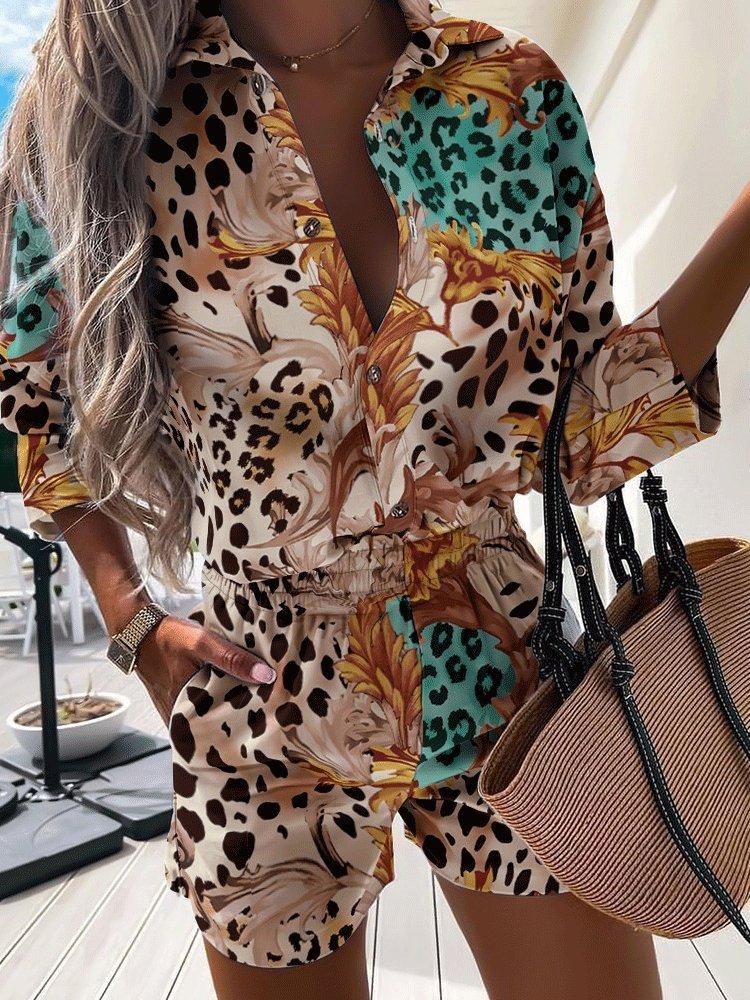 Women's Sets Two-Piece Printed Long Sleeve Shirt & Pocket Shorts - Sets - INS | Online Fashion Free Shipping Clothing, Dresses, Tops, Shoes - 28/09/2021 - 30-40 - Bottom