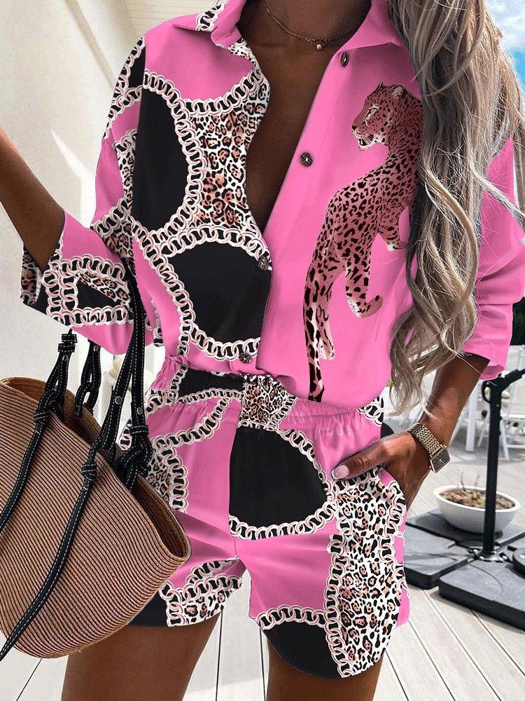 Women's Sets Two-Piece Printed Long Sleeve Shirt & Pocket Shorts - Sets - INS | Online Fashion Free Shipping Clothing, Dresses, Tops, Shoes - 28/09/2021 - 30-40 - Bottom