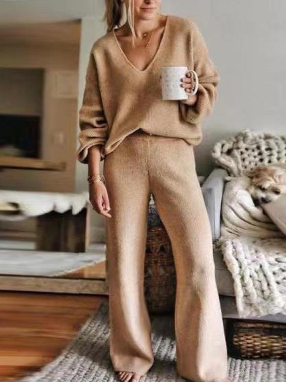 Women's Sets V-Neck Long Sleeve Elastic Pants Casual Two-Piece Suit - Sets - INS | Online Fashion Free Shipping Clothing, Dresses, Tops, Shoes - 15/11/2021 - Bottoms - Color_Black